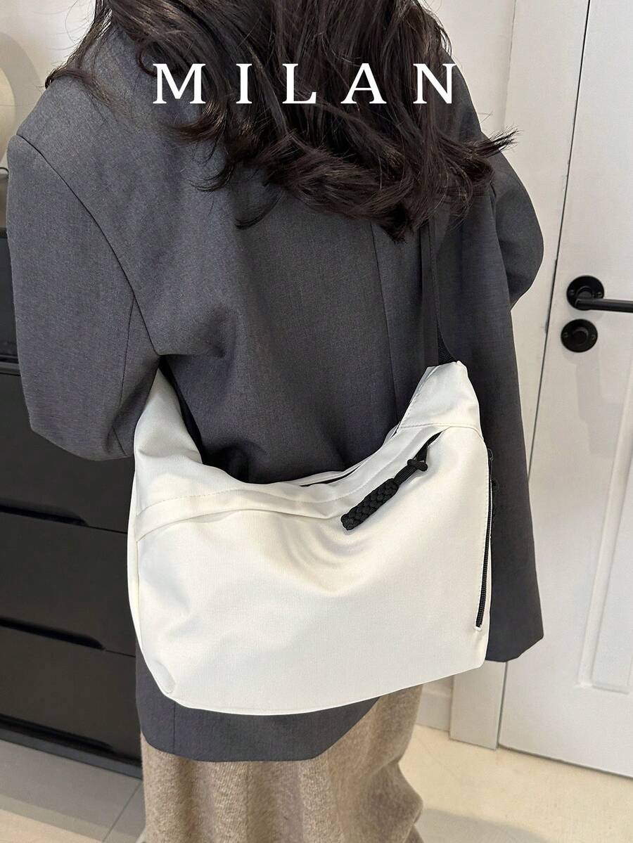 Fashionable Solid Color Nylon Waterproof Shoulder Bag, Casual Minimalist College Style With Wide Strap, Multiple Zipper Design, Suitable For Students, Shopping, Daily Use