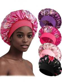 CONFLASS 4pcs Multicolor Floral Satin Sleep Cap Set, Women's Elastic Wide Band Hair Cap, Women's Wide Band Satin Sleep Cap, Suitable For Hair Beauty, Care, Chemotherapy, Curly Hair, Random Color Delivery - Multicolor - View 2
