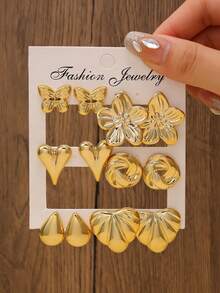 12 pièces Ensemble de boucles d'oreilles à tige Bohème en forme de larme/torsade/papillon/cœur/fleur, boucles d'oreilles épaisses ton or, convient pour les femmes à porter en vacances, à la plage, en fête, peut également être offert en cadeau d'anniversaire aux petites amies - Doré - Voir 5