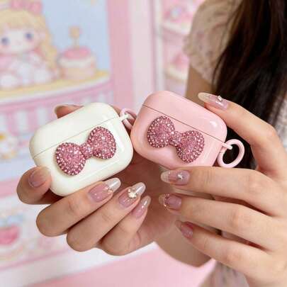 蝴蝶结闪亮水钻苹果手机壳，全覆盖玫瑰粉/奶油白保护套，兼容苹果1/2、Pro、3、Pro 2、4、Pro 3