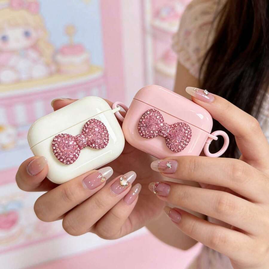 闪亮水钻蝴蝶结苹果手机壳，全覆盖玫瑰粉/奶油白保护套，兼容苹果1/2、Pro、3、Pro 2、4、Pro 3 - 粉紅色 - 查看 1