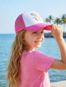 1顶女童刺绣樱桃网眼棒球帽，季节性透气网眼遮阳帽，夏季 - 1PC - 查看 5