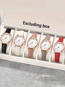 5pcs/Set Luminous Pointer Fashion Watches, Matte Leather Casual Watches, Minimalist Quartz Watches With Numeric Display - Five-piece Set - View 1