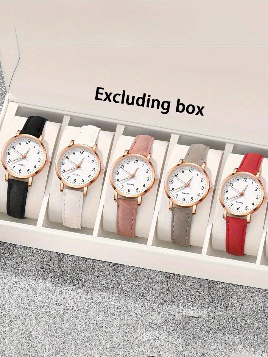 5pcs/Set Luminous Pointer Fashion Watches, Matte Leather Casual Watches, Minimalist Quartz Watches With Numeric Display - Five-piece Set - View 1