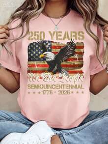 Women Loose 100% Cotton Graphic Tee, 250th American Independence Patriotic Print Top, Machine Washable Casual Outfit For 4th Of July Party Events - 粉色 - 查看 14
