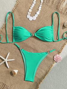 女士性感比基尼两件套，光泽质感，特殊面料配饰，适合度假海滩夏季穿着 - 青綠色 - 查看 2