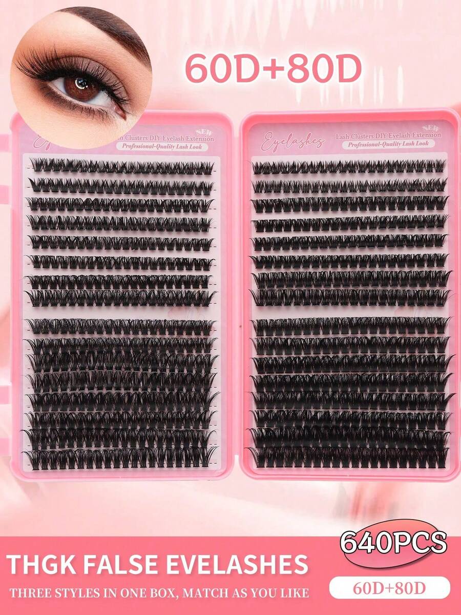 640pcs Eyelash Extensions, D Curl, 60D+80D Curl, 8-16mm, DIY Lash Clusters, Natural Look & Extra Thick & Smart & Super Soft & Ultra Light, Reusable Individual Segment False Eyelashes, Eyelash Extension Kit, Suitable For Beginners, Everyday Use, Wedding, Date, Party, Music Festival, Halloween Lash Clusters,Eye Lash Clusters,Individual Eyelashes,Lashes,Fake Lashes - D - View 1