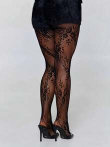 1 Pair Women's Floral Lace Tights/Stockings, Fishnet Stockings, High Waist Slimming Tight Fit, Plus Size, Suitable For Various Occasions - 黑色 - 查看 4
