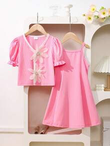 2pcs/Set Cardigan Striped Short Sleeve Top And Striped Camisole Dress - Pink - View 1