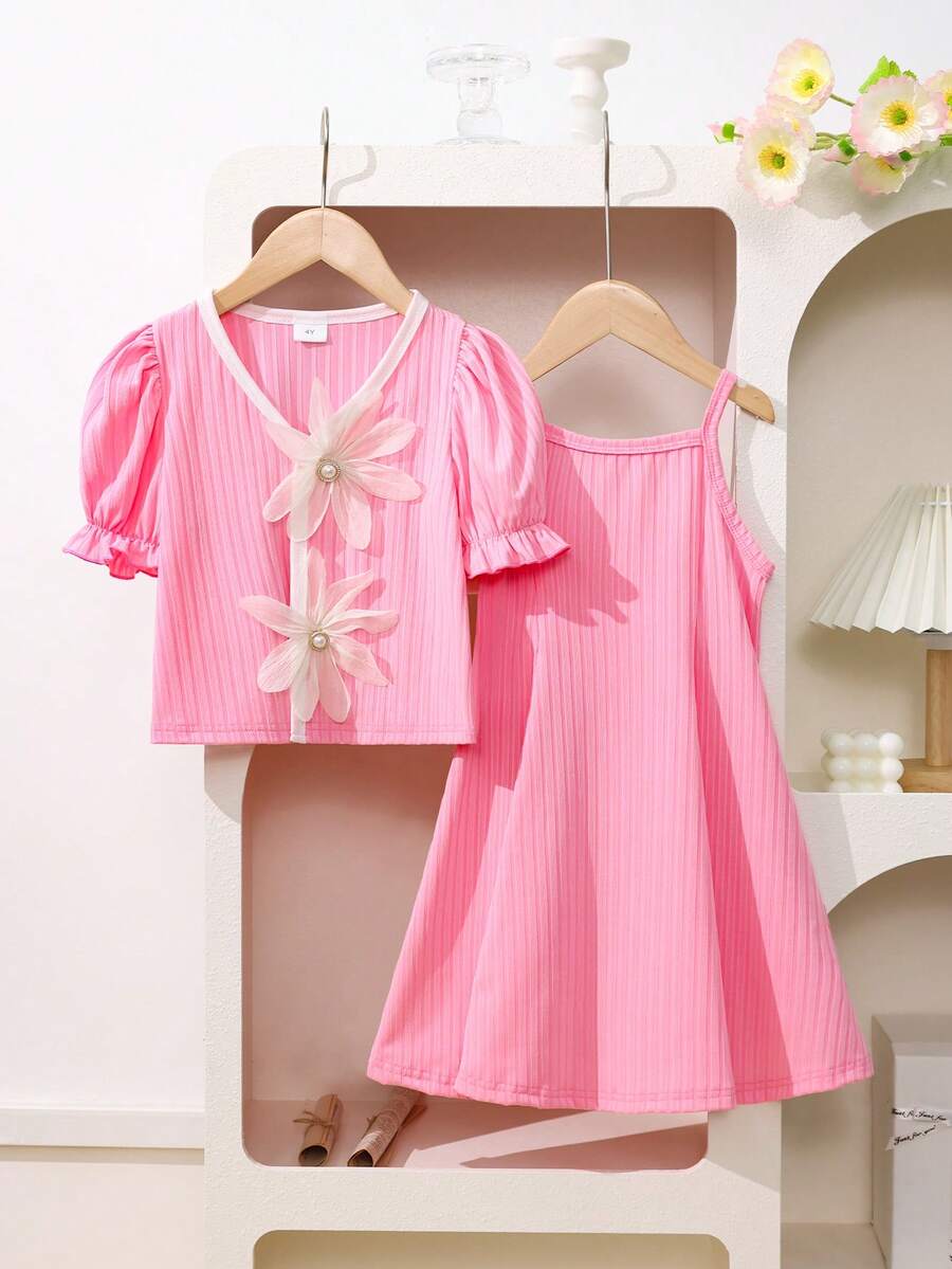 2pcs/Set Cardigan Striped Short Sleeve Top And Striped Camisole Dress - Pink - View 1