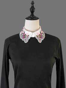 1pc Women's Fashion Embroidered Colorful Floral Collar Chiffon Detachable Collar Decor For Sweatshirt, Sweatshirt, Blouse, Versatile Valentine's Day - White - View 11