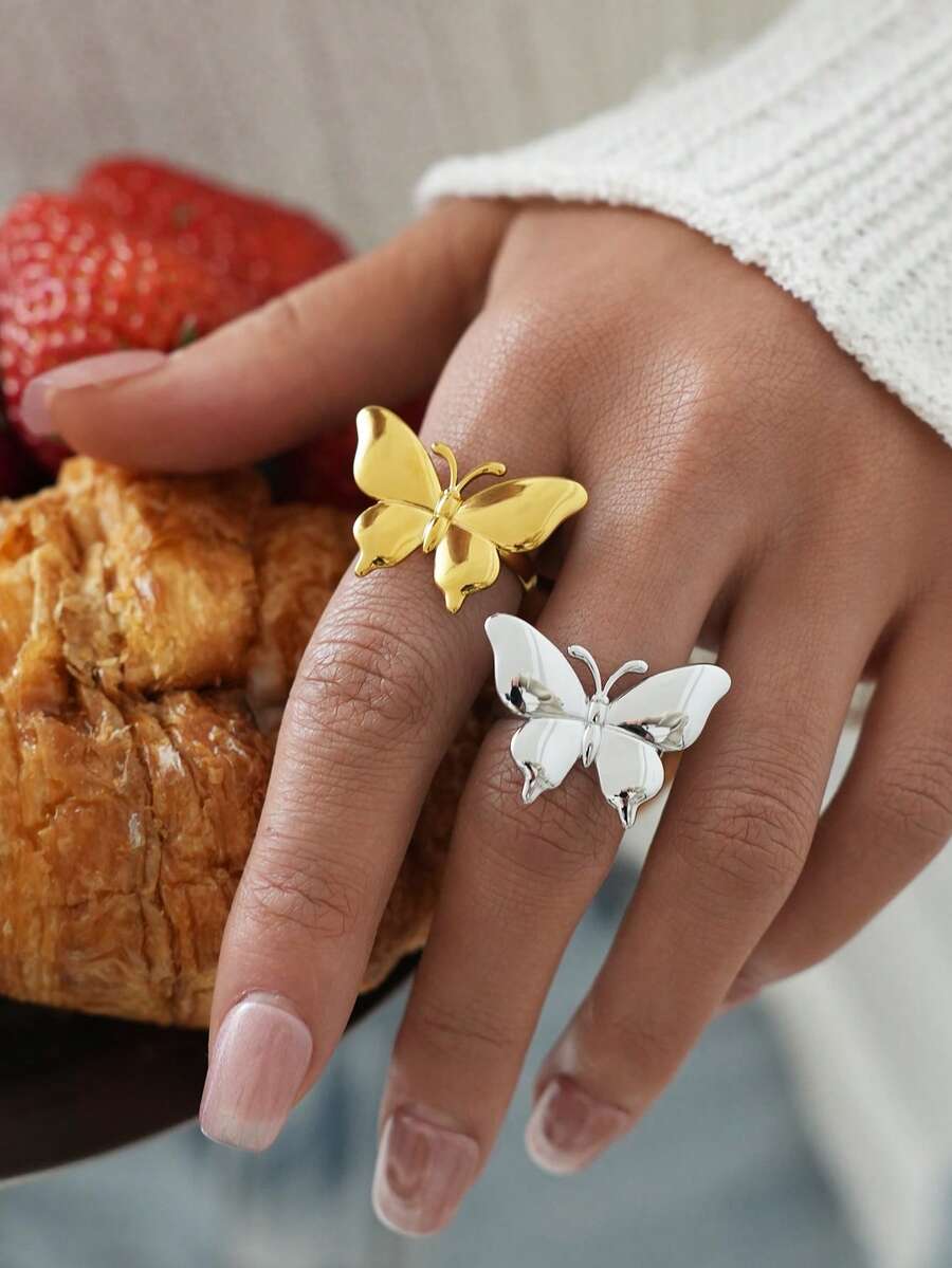 Uself 2 piezas/1 pieza Anillo de acero inoxidable 304 chapado en oro de 18K con diseño artístico de mariposa 3D, juego de anillos de dos tonos pulidos y abiertos, joyería de dedo para mujeres y amantes del diseño creativo - Multicolor - Ver 1