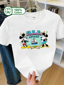 Disney 女士休闲日常短袖T恤，100%纯棉，印有米奇和女友在帆船上系着绳索的图案，适合日常外出、海滩度假、公园游玩和约会。米奇和小帆船图案印花T恤，白色，夏季款。 - 白色 - 查看 2