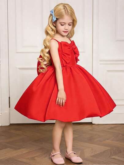 Young Girls' Satin Elegant Bowknot Backless Bow Decor Puffy Princess Dress, Suitable For Wedding, Birthday Party, School Celebration, Graduation Formal, Does Not Include Headband
