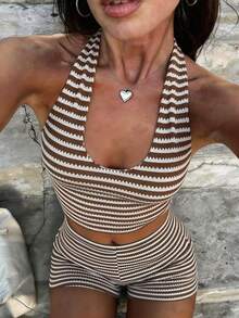 GAOVOT 女士Y2K复古条纹露脐上衣和高腰短裤两件套，夏季通勤运动风 - 棕色 - 查看 7