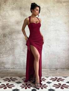 1pc Elegant Solid Color Asymmetric/Asymmetrical High Slit Backless Dress, Suitable For Parties, Weddings, All Seasons Black Summer - Màu Đỏ Sâu - Xem 6