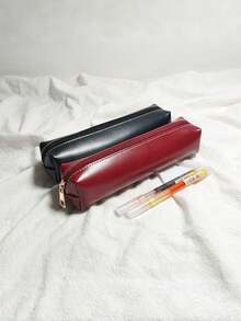 INS Style Faux Leather Pencil Case, Burgundy/Black Minimalist Zipper Pencil Box, Large Capacity For Students - Multicolor - View 1