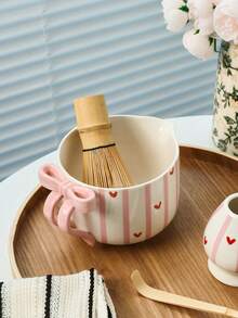 1件/2件/4件/5件套新款蝴蝶结爱心条纹抹茶套装，创意蝴蝶结手柄，经典条纹系列，高品质抹茶工具套装，包含抹茶碗、打蛋器、竹勺、筛子，适合抹茶爱好者和初学者，母亲节、长辈、情人节的绝佳礼物 - 彩色 - 查看 6