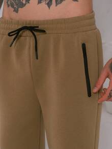Men's Fleece Sweatpants / Zippered Pockets / Elastic Waistband - Khaki - View 3
