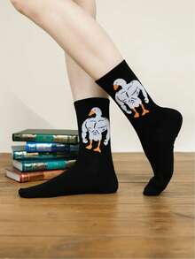 1 đôi tất dài đến bắp chân, kiểu dáng unisex, họa tiết ngỗng cơ bắp, độc đáo và dễ thương, mềm mại và thoáng khí, thiết kế theo phong cách sinh viên, phù hợp cho mọi mùa. - màu đen - Xem 2