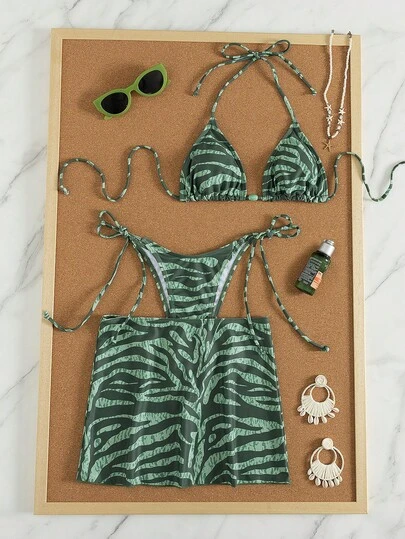 Bộ bikini 3 món dành cho nữ - Màu xanh ô liu, họa tiết da báo, áo tam giác có đệm mút, quần buộc dây và váy, đồ bơi gợi cảm kiểu nghỉ mát biển, thích hợp cho kỳ nghỉ hè.