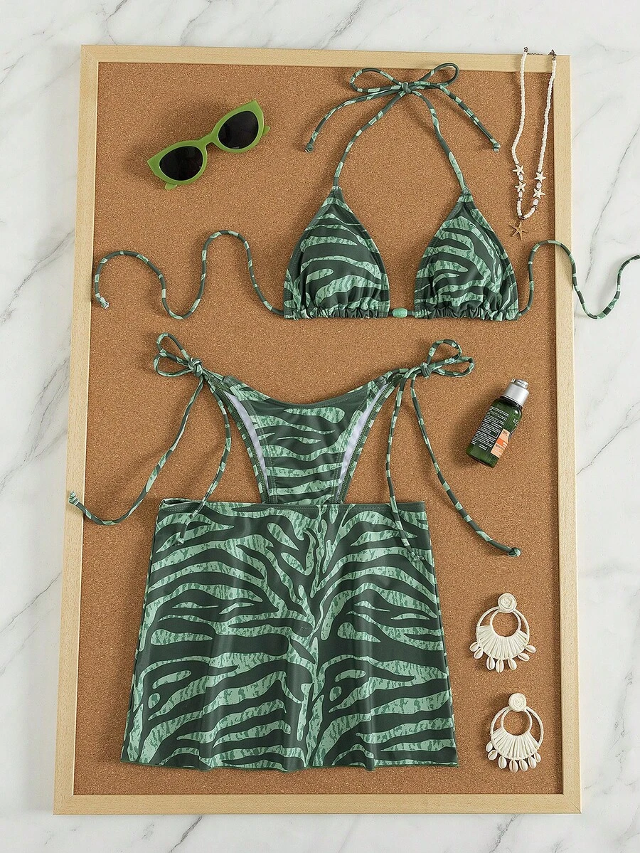 Bộ bikini 3 món dành cho nữ - Màu xanh ô liu, họa tiết da báo, áo tam giác có đệm mút, quần buộc dây và váy, đồ bơi gợi cảm kiểu nghỉ mát biển, thích hợp cho kỳ nghỉ hè. - Nhiều màu - Xem 1