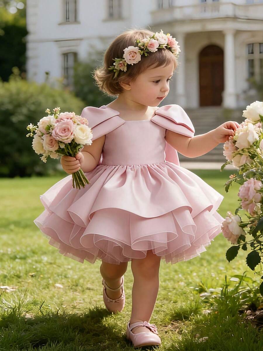 Baby Girls' Elegant Cute Bow Pink Sling Tulle Princess Dress, For Birthday Party, Gathering, Vacation, Easter - Pink - View 1
