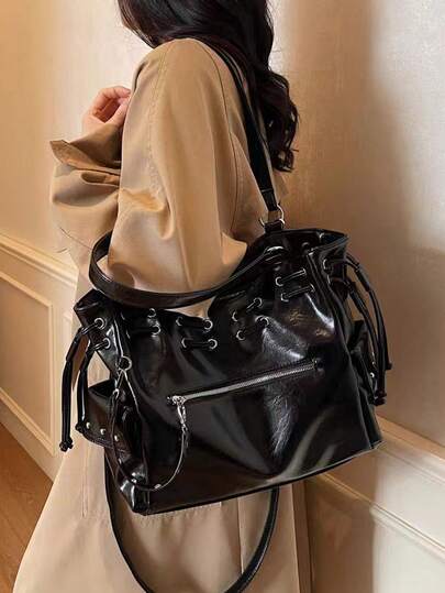 1 件复古摩托车包，铆钉拉链抽绳口袋大容量通勤手提包，时尚简约高端单肩包，Y2K Baddie 手提包，休闲柔软时尚斜挎包，可调节可拆卸肩带，适合日常通勤，适合学校、工作、旅行、街头，新款女士手提包
