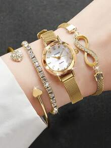 1件装时尚创意百搭小巧个性化女士石英表，圆形简约表盘，合金表带，适合姐妹、情侣、日常佩戴和节日礼物 - 金色 - 查看 8