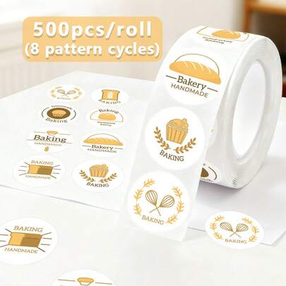 500pcs/Roll Yellow Baking Sealing Stickers, Pink Handmade Label Bread Stickers, Baguette Sealing Stickers Suitable For Wedding, Party And Birthday Gift Packaging, Dessert Packaging Labels, Free Gift Stickers, Round Decorative Stickers, Graduation Decorations, Bridesmaid Gifts, Wedding Stickers