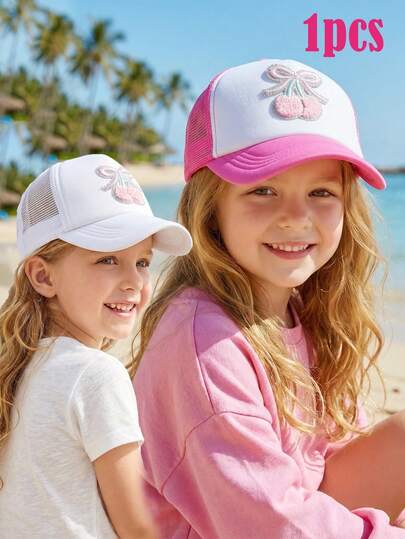 1pc Girls' Embroidered Cherry Mesh Baseball Cap, Seasonal, Breathable Mesh, Sun Visor Hat, Summer