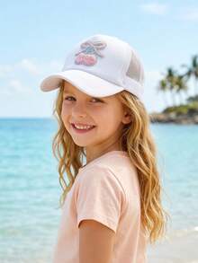 1顶女童刺绣樱桃网眼棒球帽，透气泡沫网面，季节性遮阳帽，夏季卡车帽 - 1PC - 查看 3