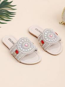 Zapatillas planas con adornos de brillo para niñas - Zapatos de fiesta con lentejuelas brillantes, piedras de colores y perlas - Plateado - Ver 7