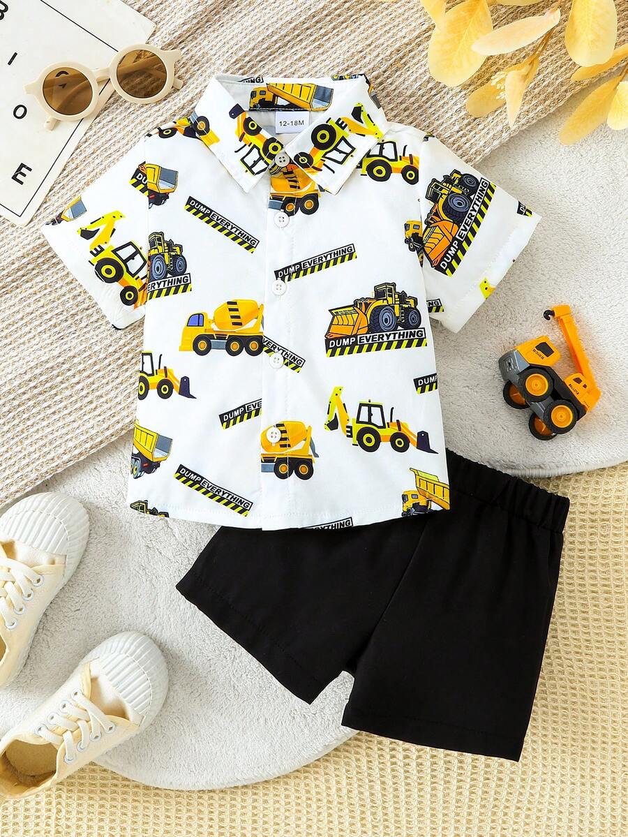 Set Kemeja Lengan Pendek Motif Mobil Kartun Musim Panas & Celana Pendek Kasual Serbaguna - Putih - View 1