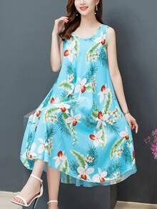 Summer New Style Elegant Women's Round Neck Printed Sleeveless Long Skirt Dress Spring Outfits For Women Primavera A Verano Resort Wear Women Mardi Gras Dresses For Women Vestidos Elegantes De Mujer Y2k Clothes Women Easter Dresses For Women Easter Outfit Women Women Clothes - 藍色 - 查看 3