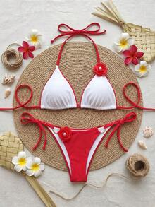 2026 Spring/Summer Women's Red & White Contrast Rose Halter Bikini Swimsuit, Romantic & Unique Fashion Design, Suitable For Spring Vacation, Beach Outing, Casual Trips, As Well As Pool Parties, Beach Vacations And Beach Gatherings - Multicolor - View 4