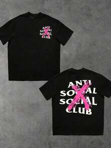 Anti Social Club Pink X Printed Men's T-Shirt - New Summer Street Fashion Casual Top - màu đen - Xem 5