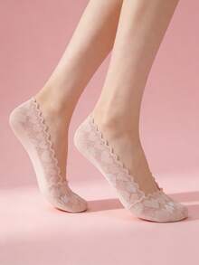 5/2/1 par de calcetines de barco de verano para mujer con patrón de corazón aleatorio de encaje, calcetines invisibles y transparentes de corte bajo - Multicolor - Ver 2