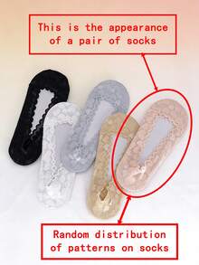 5/2/1 par de calcetines de barco de verano para mujer con patrón de corazón aleatorio de encaje, calcetines invisibles y transparentes de corte bajo - Multicolor - Ver 9