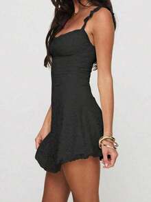 Elegant Fashion Ruffle Strap Bow Design Lace Patchwork Sleeveless Slim Fit Mini Dress Party - 黑色 - 查看 4