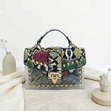 Vintage Snake Skin Print Rivet Decor Transparent PVC Patchwork Luxury Handbag, Versatile Shoulder & Crossbody Bag - Green - View 10