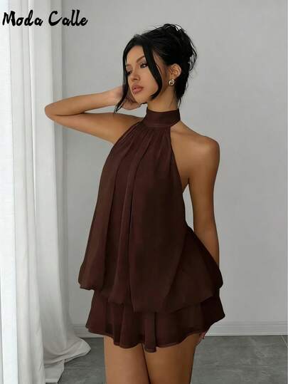 Moda Calle Primavera Verano 2026 mujer, Vestido de Fiesta, Vestido de Playa, Vestido de Té, Vestido de Gasa con Cuello Halter y Falda Corta