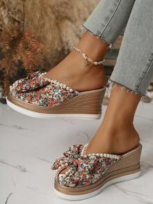 1 Pair Bow Decor Beach Vacation Platform Sandals, Fashionable Thick Sole For Home, Outdoor, Party, Summer - 玫紅色 - 查看 2