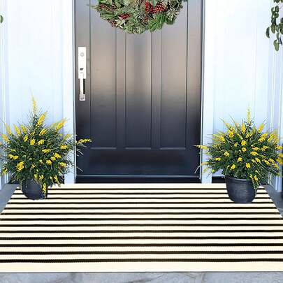 Black And Tan Outdoor Rug 2'x4',Striped Front Porch Rug Machine Washable Front Door Mat Entryway Throw Rug For Front Porch Indoor Outdoor Doormat