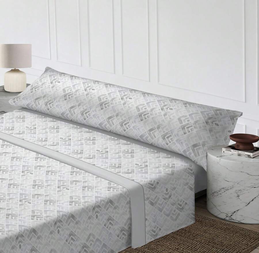 50% Cotton Breathable Sheet Set, Floral/Modern Print Sheets, Anti-Wrinkle, Complete Bedding Set With 30cm Fitted Sheet For 90/105/135/150/180cm Beds Merca9 Home - 淺灰色 - 查看 1