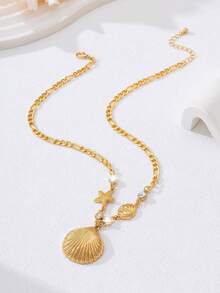 1 chiếc dây chuyền mặt dây hình sao biển và vỏ sò kiểu dáng mùa hè, đính ngọc trai giả, thích hợp để đeo hàng ngày, đi nghỉ mát ở bãi biển, hẹn hò, dự tiệc, du lịch. - Một chiếc vòng cổ - Xem 2
