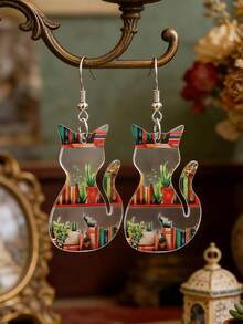 1对复古新款亚克力书本印花毕业耳环，创意时尚亚克力猫形返校教师学生礼物 - 彩色 - 查看 1