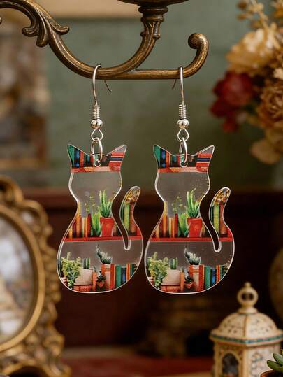 1对复古新款亚克力书本印花毕业耳环，创意时尚亚克力猫形返校教师学生礼物