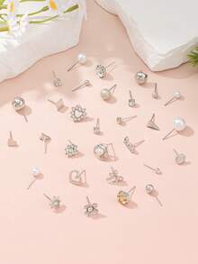 30 Pairs/Set Casual Flower, Heart, Square Faux Pearl Metal Rhinestone Stud Earrings Set, Daily Wear Jewelry Gift - Silver - View 2