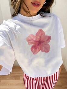 1pcs Plus Size Women's Loose Fit T-Shirt, Printed With Watercolor Pink Hibiscus Flowers, Perfect For Tropical Vacations, Beach Dates, Summer Parties - 白色 - 查看 20